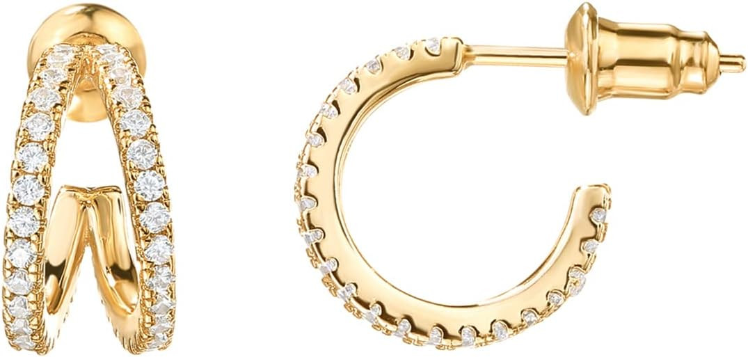 PAVOI 14K Gold Plated Split Huggie Hoop Earrings for Women - 925 Sterling Silver Posts Dainty Mul... | Amazon (US)
