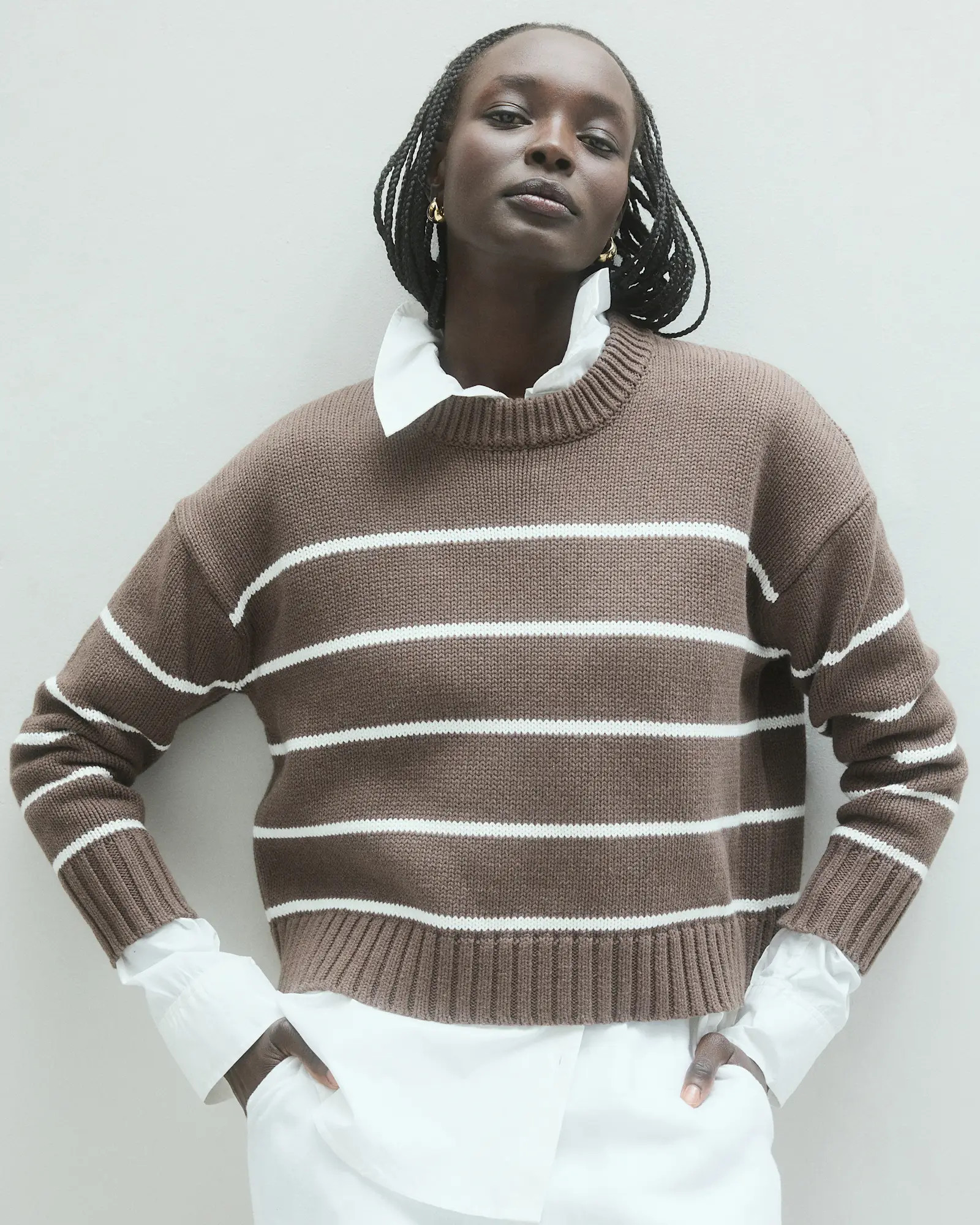 100% Organic Cotton Striped Crew Sweater in Heather Brown/ivory | Quince
