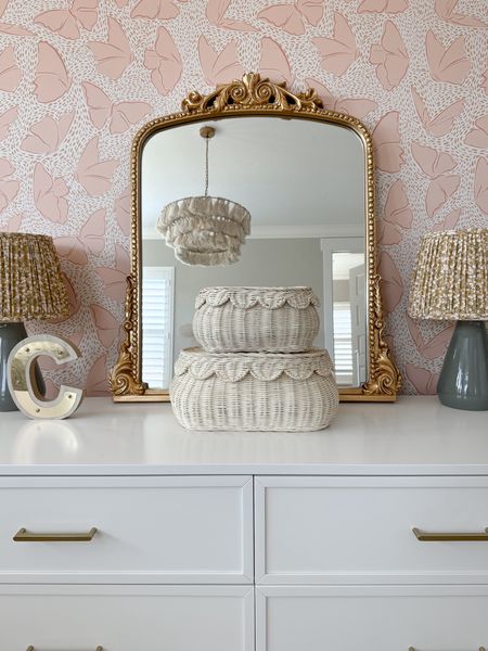 Scalloped baskets and mirror in Chloe’s room. ✨🎀 perfection for storing smaller toys or hair accessories 

#LTKFamily #LTKHome #LTKFindsUnder100