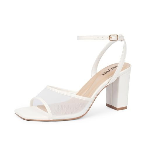 Easyfox White Strappy Heels for Women Square Open Toe White Mesh Heels Chunky Heel Womens Heeled Sandals 3 In Dress Block High Heel Shoes Size 9 | Amazon (US)