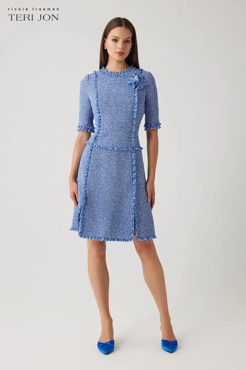 Textured Tweed Short Sleeve Ruffle Trim Dress | TERI JON