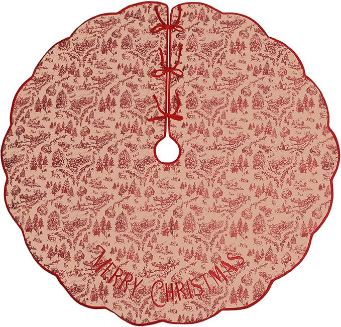54 Inch Scalloped Christmas Tree Skirt Embroidered Chinoiserie Merry Christmas Tree Skirt with Ve... | Amazon (US)