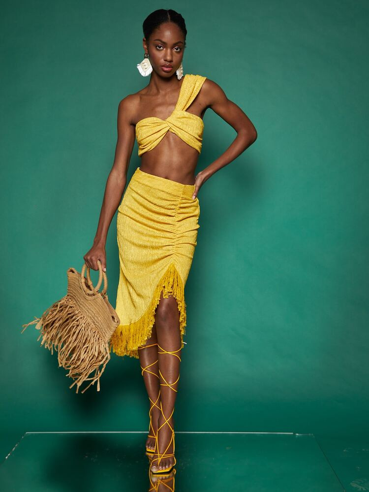 SHEIN One Shoulder Twist Crop Top & Ruched Fringe Hem Skirt Set | SHEIN