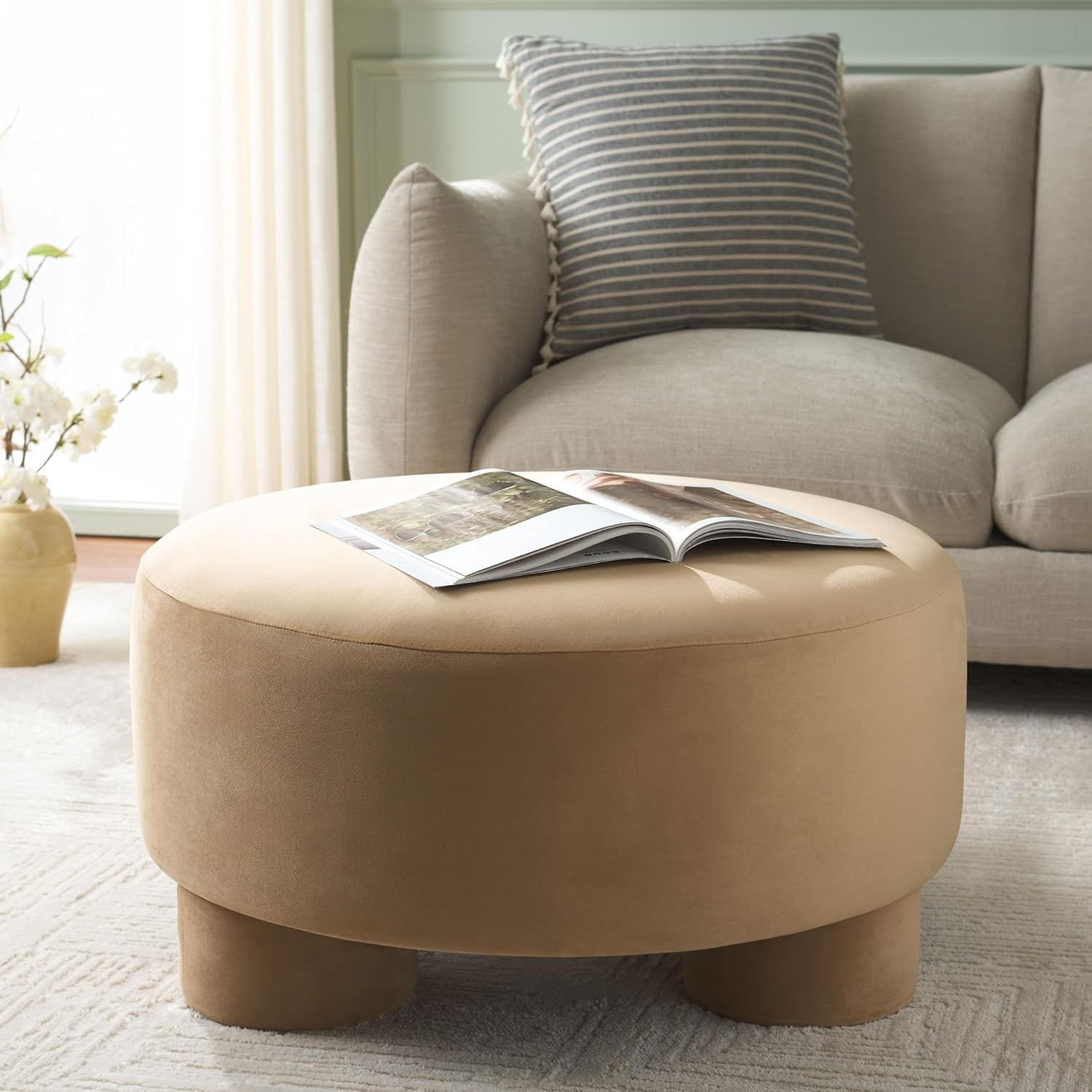 SAFAVIEH Home Collection Naref Tan Velvet Round Cocktail Ottoman | Amazon (US)