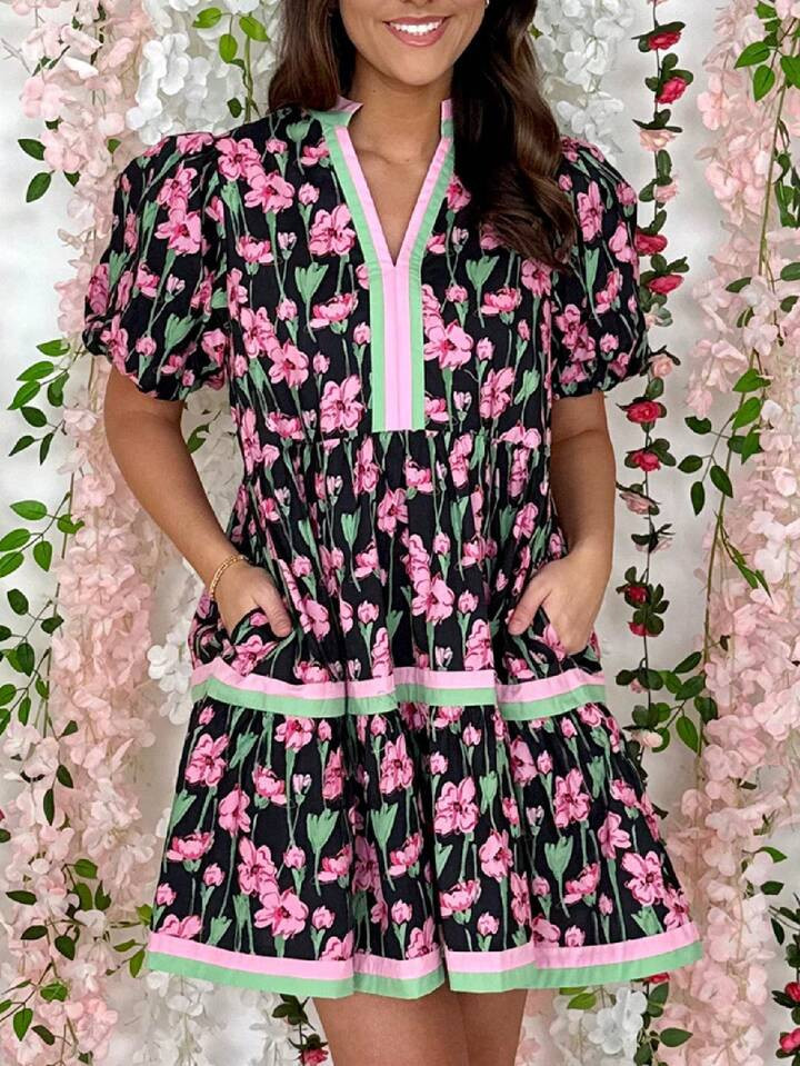 Women Y2K Babydoll Mini Dresses V Neck Puff Sleeve Short Dress Beach Sundress | SHEIN