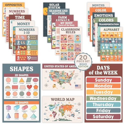 Decorably 20 Boho Learning Posters for Kids Ages 3-5, 11x17in Educational Matte-Laminated for Classrooms, Homeschool, School Hallways, Bulletin Boards | Amazon (US)
