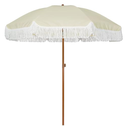 AMMSUN 7ft Patio Umbrella with Fringe Outdoor Tassel Umbrella UPF50+ Premium Steel Pole and Ribs Push Button Tilt, Light Beige | Amazon (US)