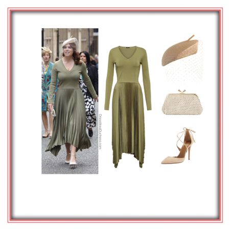 Princess Eugenie at the Duke of Westminster’s wedding in Joseph Dubois green pleated dress and Emily London Sabina hat 
Plus Anya Hindmarch Maud clutch and Aquazzura Matilde heels 