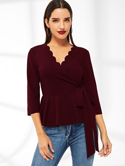 SHEIN Scallop Trim Belted Wrap Peplum Blouse | SHEIN