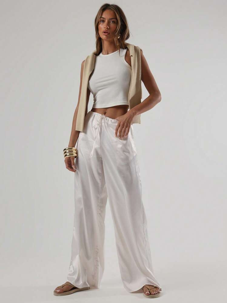 MUSERA Tie Front Satin Pants Elegant, Casual, Cute | SHEIN