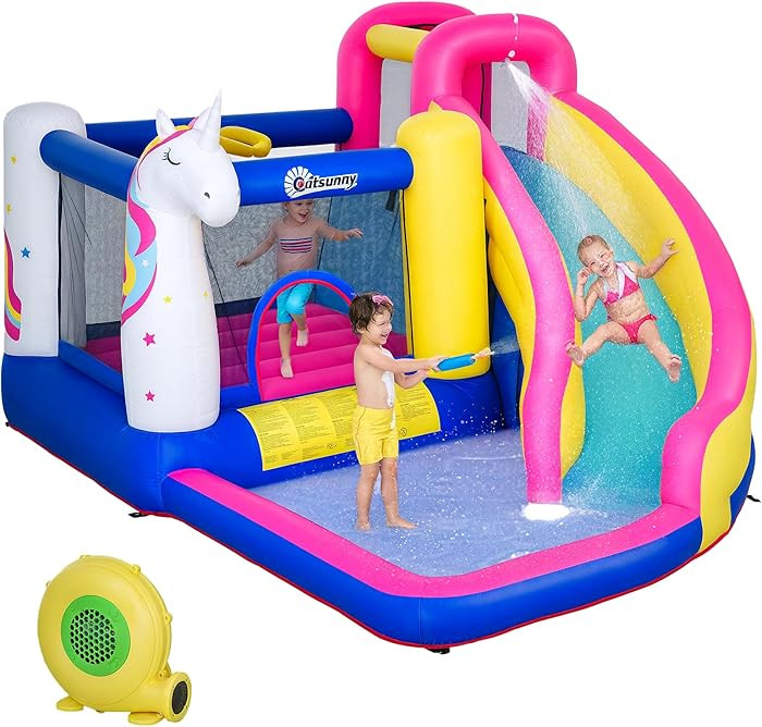 Outsunny Inflatable Water Slide Bounce House with Trampoline, Climbing Wall, Water Cannon, Basket... | Amazon (US)
