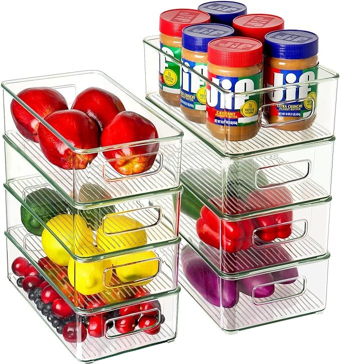Set of 8 Refrigerator Organizer Bins (4 Large & 4 Medium Plastic Storage Bins), Stackable Organiz... | Amazon (US)