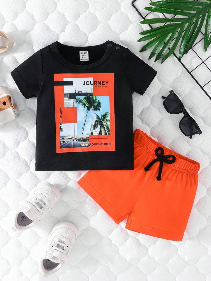 Baby Boy Coconut Tree & Letter Graphic Tee & Bow Front Shorts | SHEIN