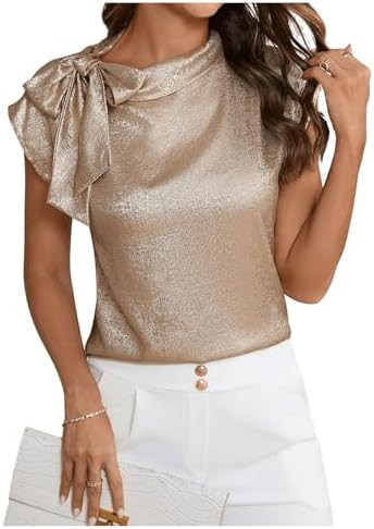 SOLY HUX Women's Metallic Tops Bow Tie Mock Neck Cap Sleeve Elegant Blouse | Amazon (US)