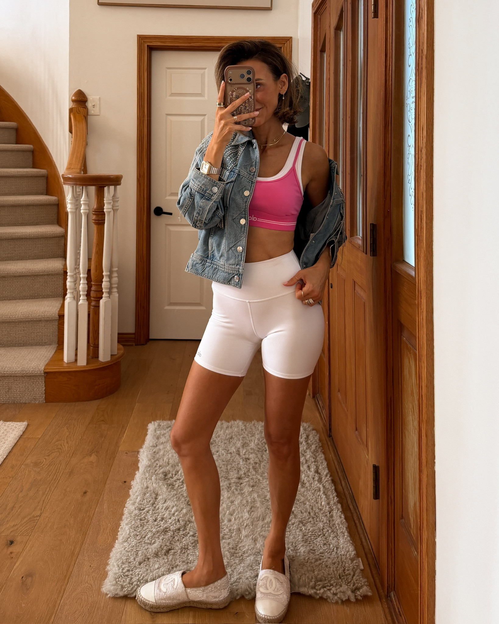 Heading off to Pilates and then the office for regular operations! Wearing my new white Alo shorts, these are the only white shorts I can wear confidently they hide and hold everything in. Also wearing my new bejeweled denim jacket just in time for all the western weather vibes

#LTKootd #LTKActive #LTKdayinmylife