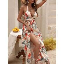 Tropical Print Backless Knot Halter Neck Slit Thigh Dress | SHEIN