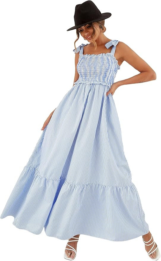 Floerns Women's Summer Boho Floral Print Tie Strap A Line Long Maxi Dress | Amazon (US)