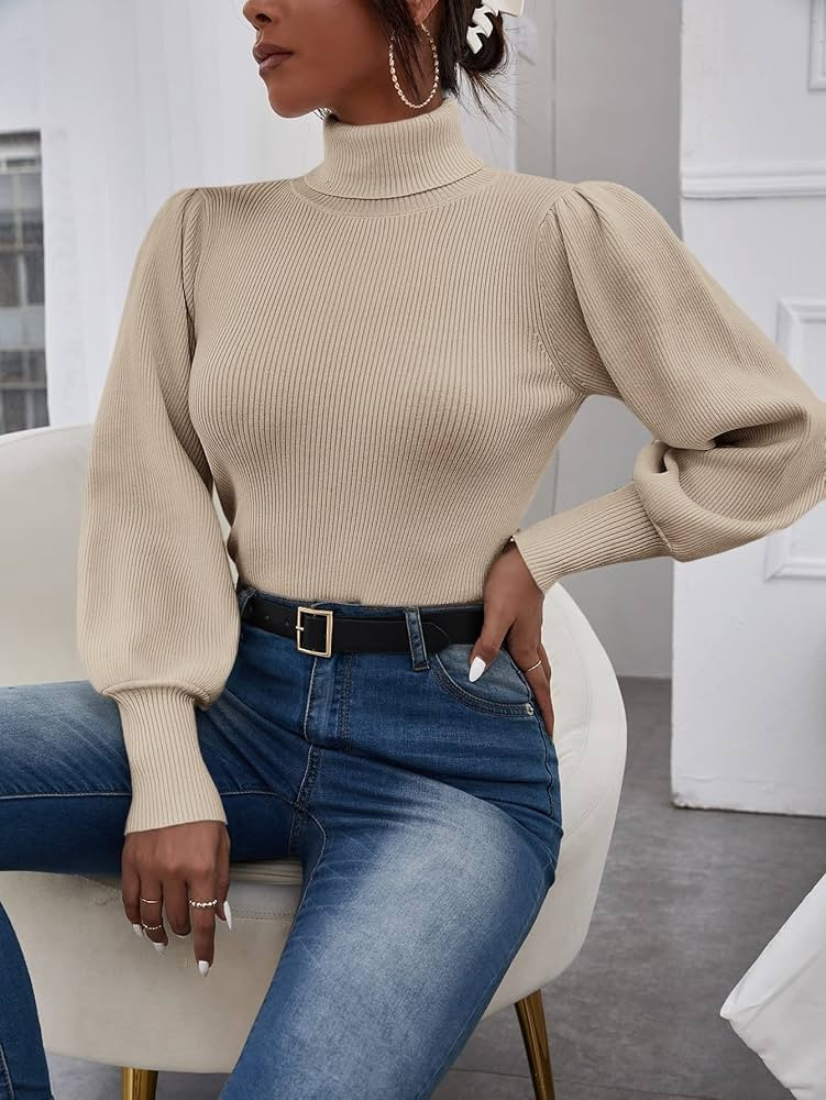 Solid Bishop Sleeve Turtle Neck Sweater (Color : Khaki, Size : Small) | Amazon (US)