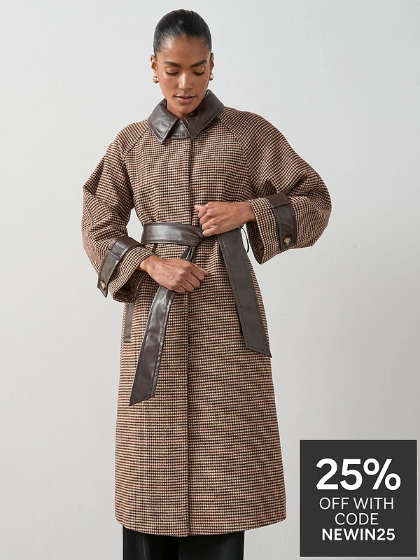 The Very Collection Check Coat With PU Trims - Multi | Very (UK)