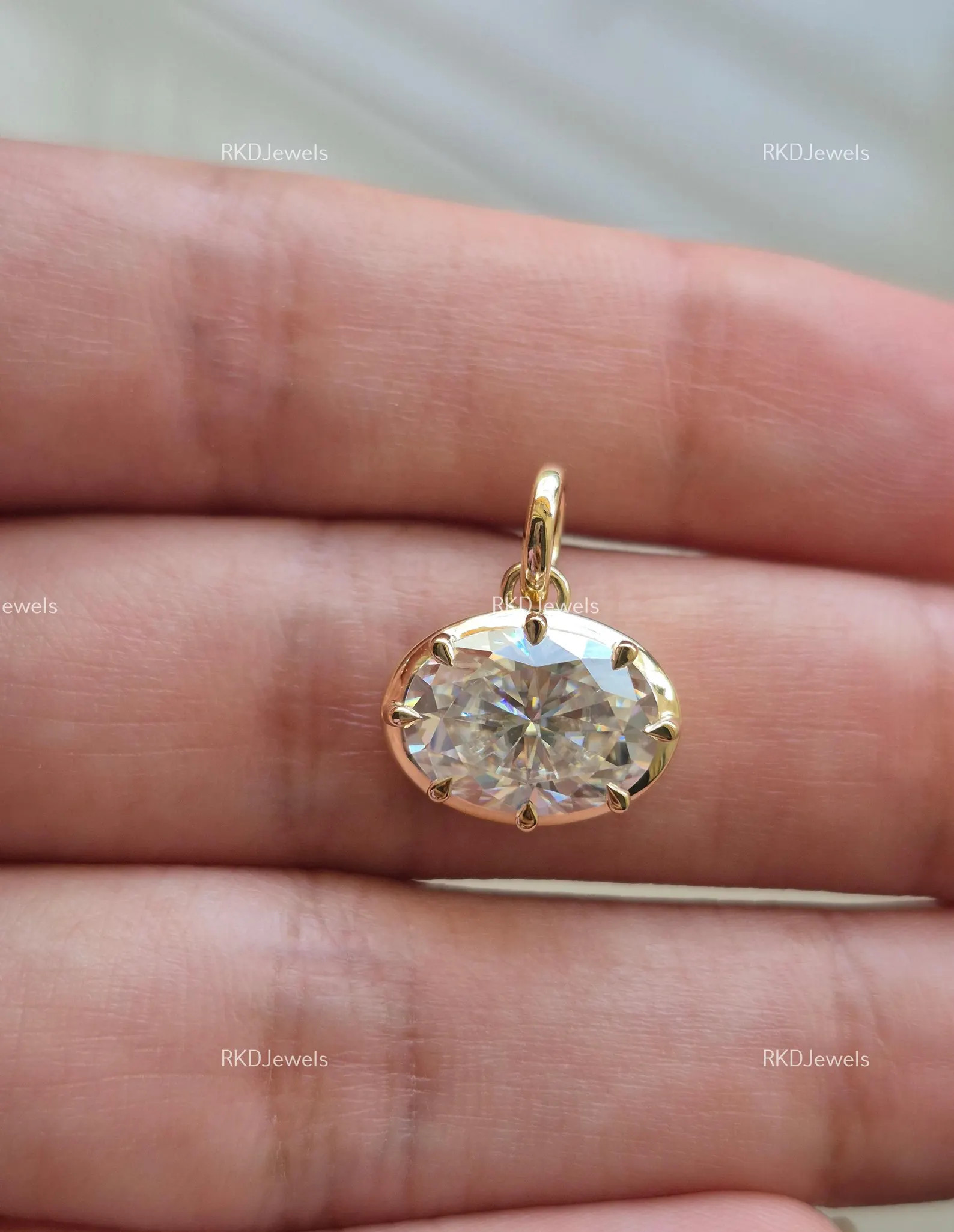 Oval Shape East West Moissanite Pendant Oval Cut Moissanite Pendant 2.50 Ct Bezel Set Prong 14k Y... | Etsy (US)