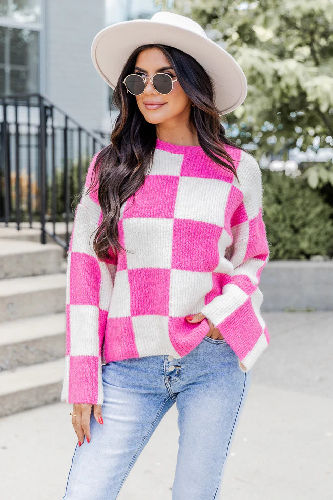 Best Behavior Pink Checkered Sweater | Pink Lily