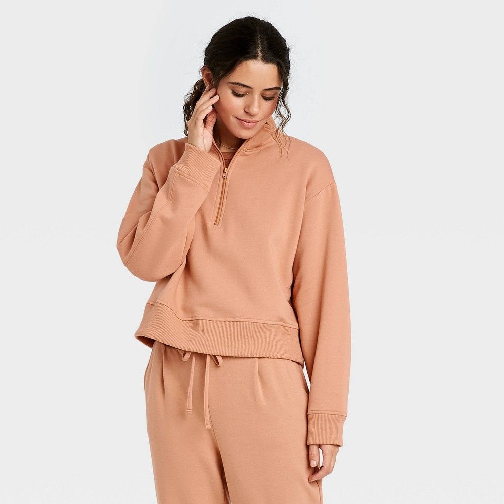 Women's All Day Fleece Quarter Zip Sweatshirt - A New Day Blush Pink XS | Target