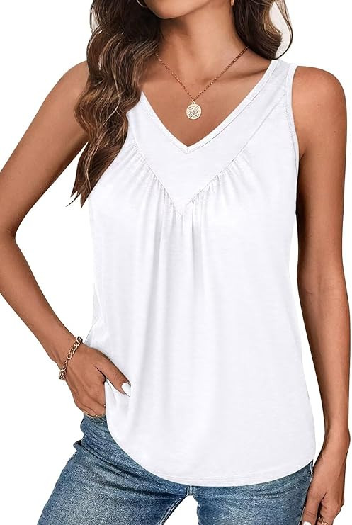 Bliwov Womens Summer Tops V Neck Ruched Cute Tank Tops Loose Fit Casual Sleeveless Beach Vacation... | Amazon (US)