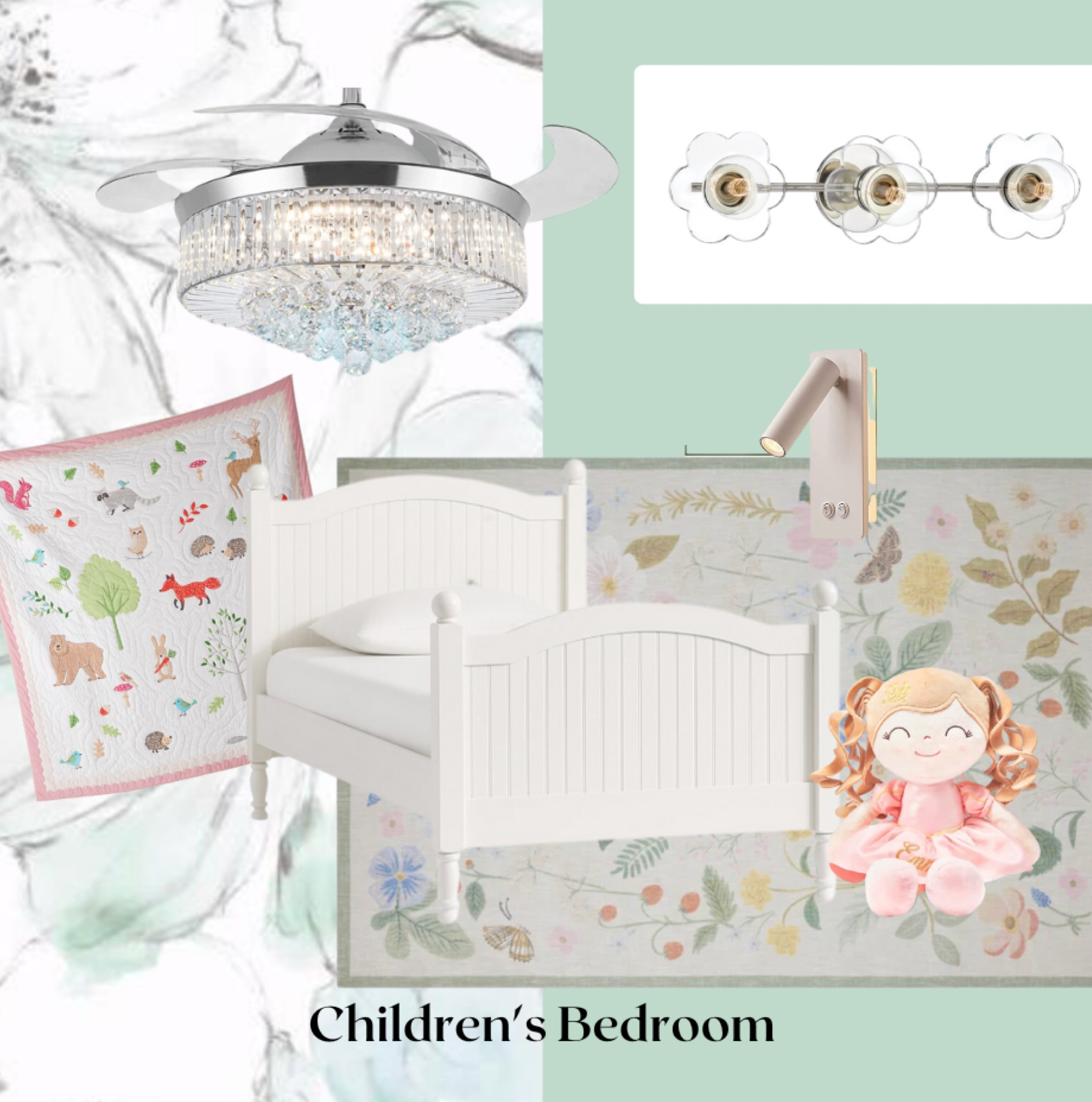 The perfect bedroom items for a little girl.  A fandelier that makes her feel like a princess, a dainty bathroom sconce, and magical bedding to compliment the sweet rug and wallpaper.  I love the soft colors and think this is a perfect blend for a little girl

#LTKGiftGuide #LTKhome #LTKfamily