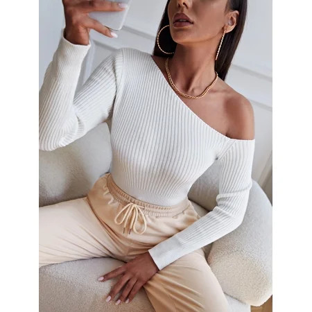 White Solid One Shoulder Rib knit Sweater | Walmart (US)
