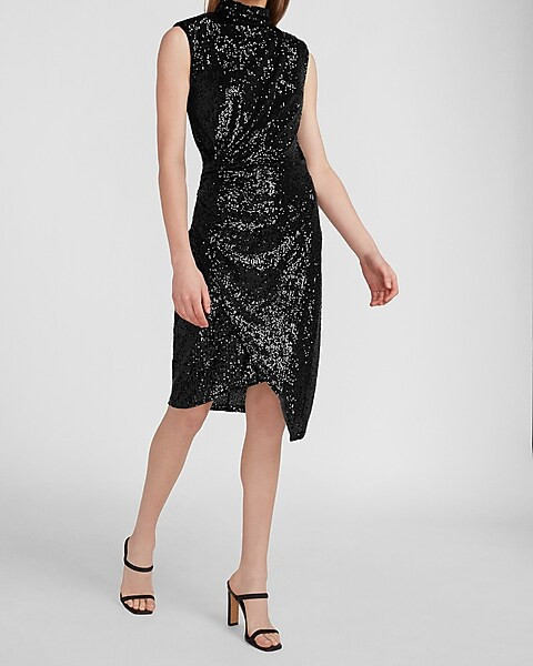Sequin Asymmetrical Mock Neck Dress | Express