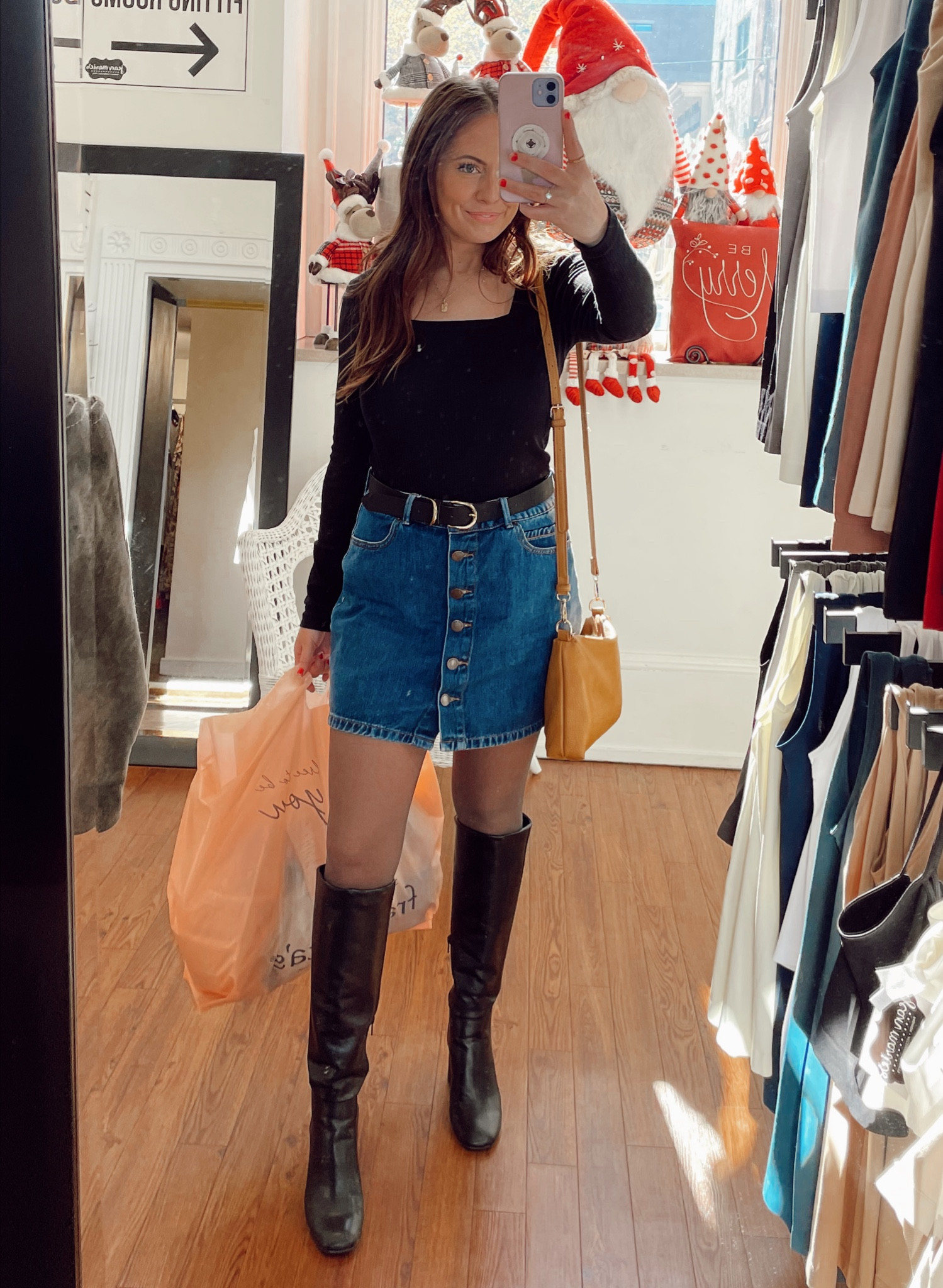 Shopping with the girls vibe. Black boots, check. Cute mini skirt, check. Accessories that bring the outfit together, check & check. 

#LTKfit #LTKstyletip #LTKshoecrush