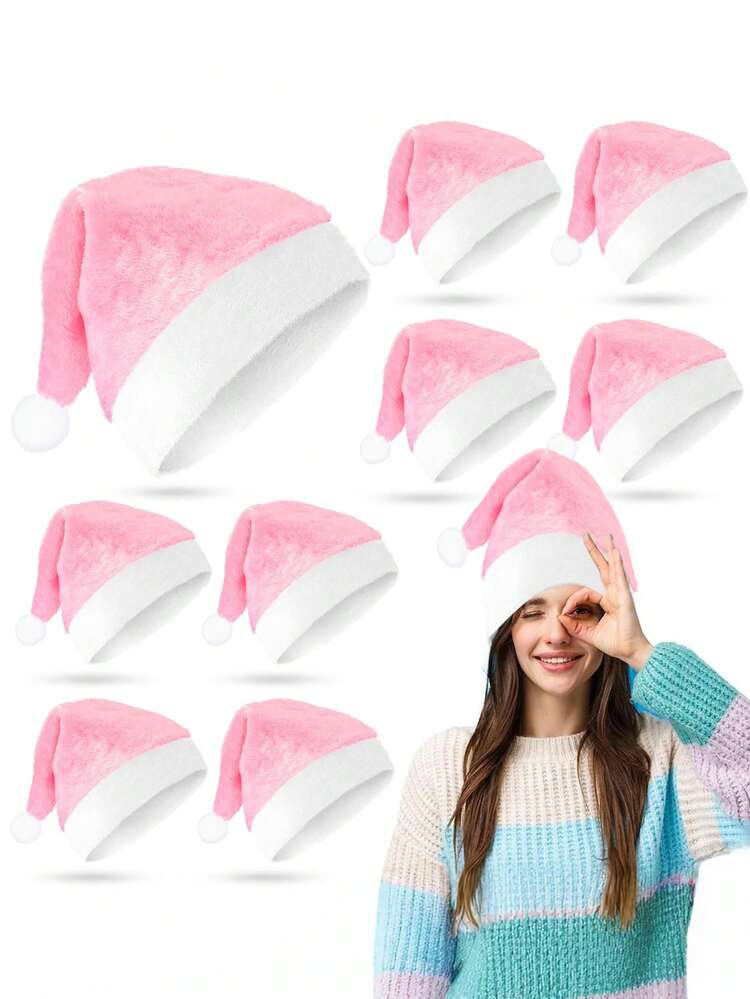 2pcs-Santa Holiday Hat Adult, Pink Neutral Style Thickness Velvet Warm And Comfortable New Year's Holiday Party, Red Plush Edge Christmas Hat For Adults, Non-Woven Fabric Hat, Santa Hat Holiday For Adults Unisex Velvet Comfort Extra Thicken Fur Xmas Hat For New Year Festive Party, Xmas Holiday Hat For Adults, Touch Soft And Comfortable Velvet Thickened Santa Hats For Christmas New Year Holiday Party Supplies | SHEIN