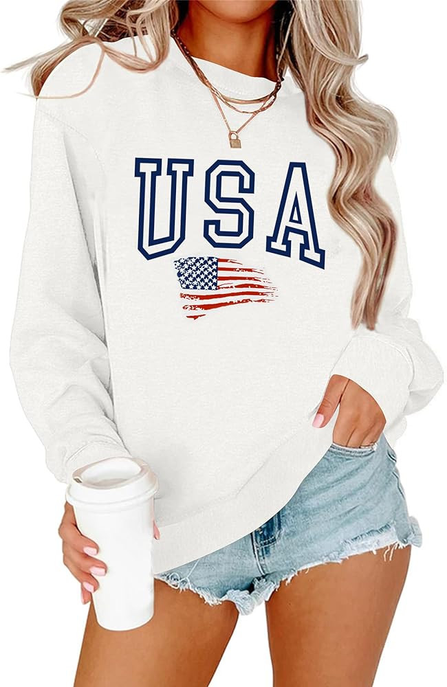 Lacozy Womens USA Sweatshirt Crew Neck Long Sleeve Shirts Casual American Flag Sweater Ladies Loose Pullover Tops | Amazon (US)