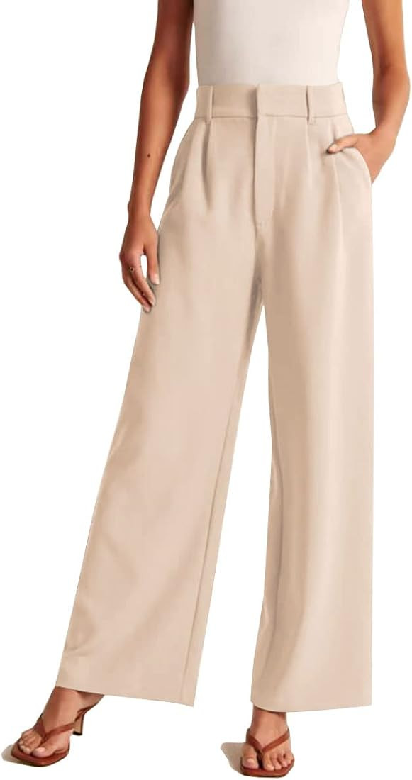 High Waisted Wide Leg Pants Women Elastic Waist in The Back Straight Leg Trousers Business Work S... | Amazon (US)
