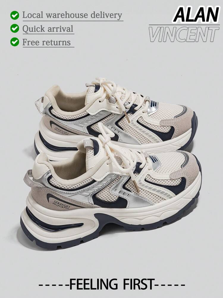 Alan Vincent[Free Returns And Exchanges][Local Delivery][Quick Arrival][City Sneaker Series]Women's Sneakers New Thick Soled Height-Increasing Women's Beige And Blue Shoes Fashionable And Comfortable Soft Shoes Can Be Paired With Various Pants And Clothes Outdoor Sports Shoes Street Style Box Packaging | SHEIN