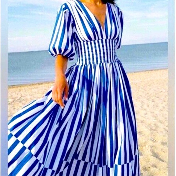 AYR The Extra Extra Puff Sleeve Midi Dress in Blue Stripe S | Poshmark