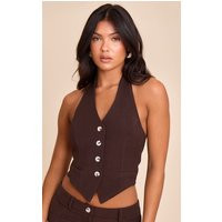Dark Brown Tailored Woven Backless Halterneck Vest Top | PrettyLittleThing US