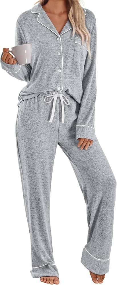 LILLUSORY Women's Long Sleeve Pajama Set - Soft Button-Down Top & Comfortable Drawstring Pants wi... | Amazon (US)