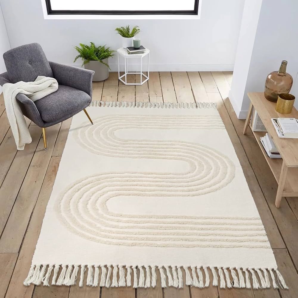 Boho Living Room Rug 5'x7' Washable Cotton Bedroom Rug, Beige Woven Linear Tufted Nursery Area Ru... | Amazon (US)