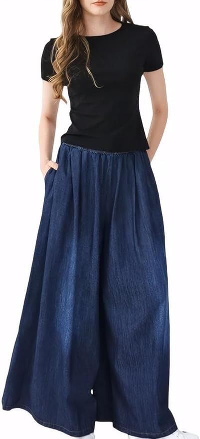 Extra Wide Leg Denim Pants for Women Long Jeans Elastic Waist with Pockets Plus Size Loose Casual | Amazon (US)