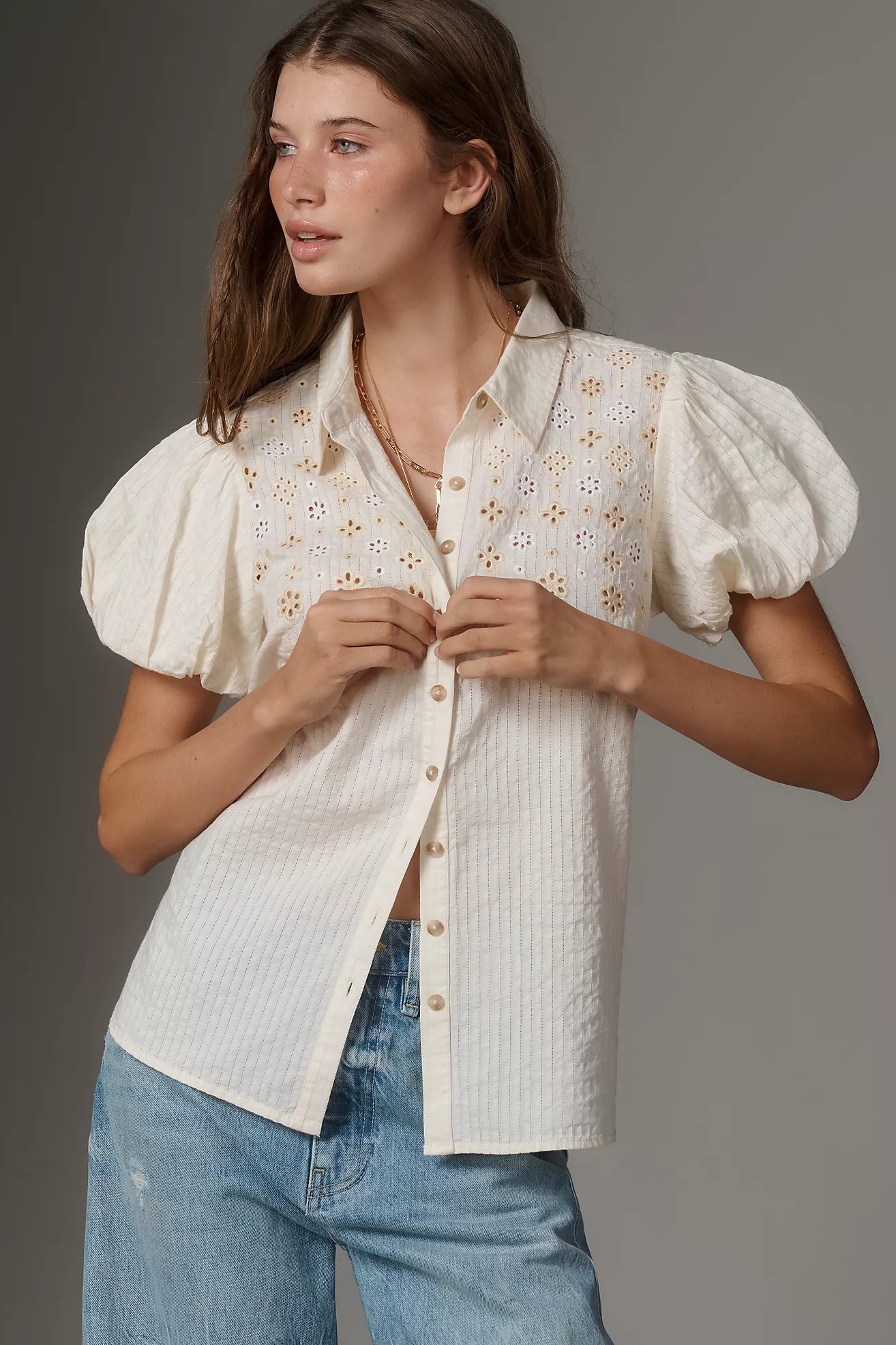 The Aly Eyelet Puff-Sleeve Blouse by Pilcro | Anthropologie (US)