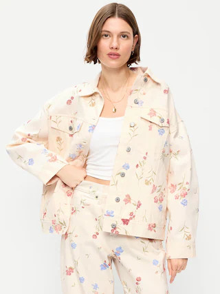 Oversized Floral Print Jean Trucker Jacket | Old Navy (CA)