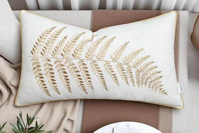 Rudransha Botanical Fern Leaf Embroidery Lumbar Pillow Cover - 12x18 Ivory Cotton | Amazon (US)