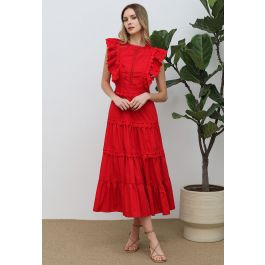 Crochet Trim Sleeveless Midi Dress in Red | Chicwish