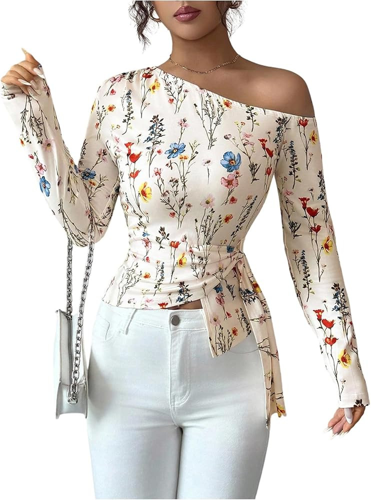 Floerns Women's Floral Long Sleeve T Shirts Off The Shoulder Dressy Casual Fall Outfit Boho Tops | Amazon (US)