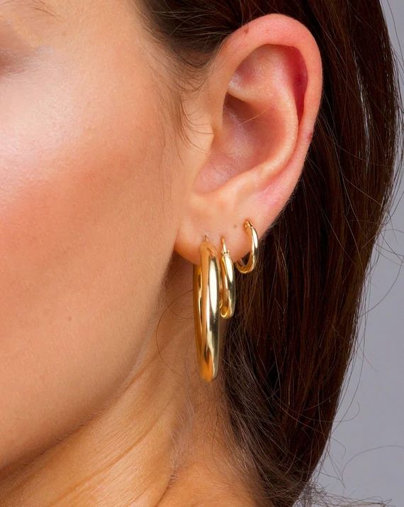 Gold Chunky Stacking Hoops, Classic Modern Hoop Earrings, Earring Gold Hoops, Stacking Hoops, Ste... | Etsy (US)