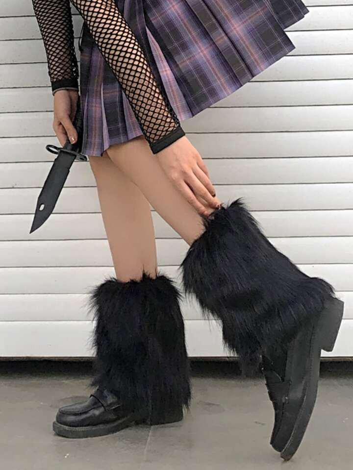 Y2k Autumn And Winter Black Plush Leg Warmers | SHEIN