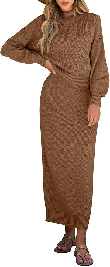 Caracilia 2 Piece Skirt Set for Women Sweater Dress Long Sleeve Oversized Tops Matching Maxi Skir... | Amazon (US)