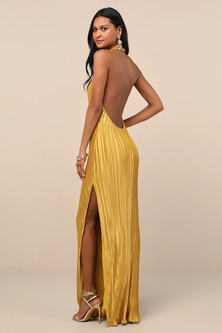 Gwenny Golden Yellow Satin Plisse Maxi Dress | Lulus