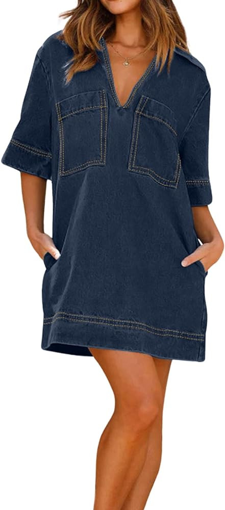 loveimgs Womens Summer Casual Denim Dress Short Sleeve V Neck Distressed Jean Dresses Mini Shirt ... | Amazon (US)